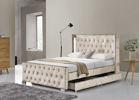 Quadro completo de cama com botão estofado cabeçote de armazenamento tufted, suporte de lajes de madeira