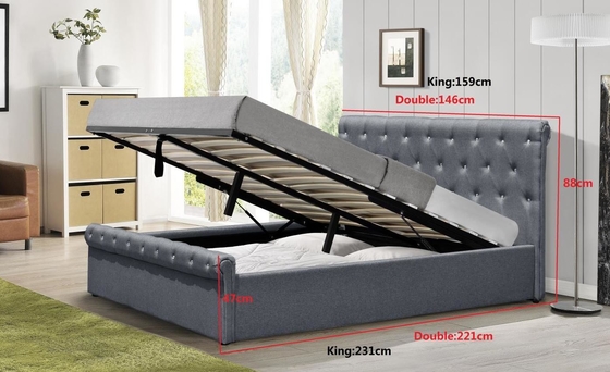 Certificação dobro de Grey Linen Ottoman Bed BSCI do tamanho da cama de Diamond Buttons Gas Lift Storage