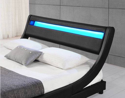 O diodo emissor de luz da madeira compensada estofou o quadro de couro da cama de casal do preto do plutônio da cabeceira da luz da cama