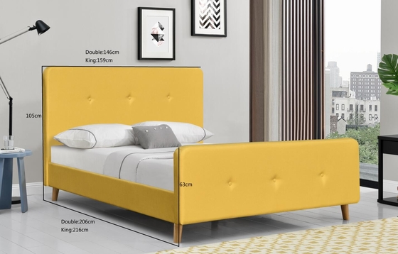 Tela de linho madeira compensada amarela estofada do quadro da cama de casal