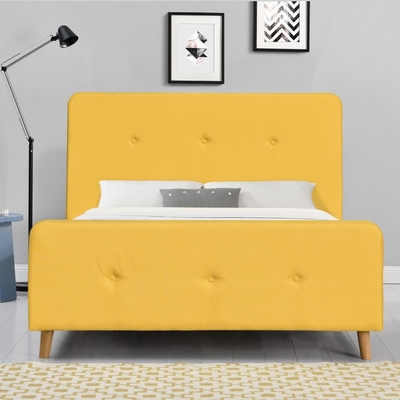 Tela de linho madeira compensada amarela estofada do quadro da cama de casal