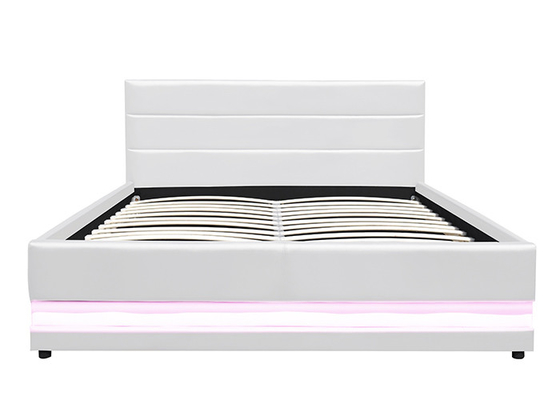 Tela moderna de couro branca da cama de casal do armazenamento do elevador de gás estofada com luz do diodo emissor de luz
