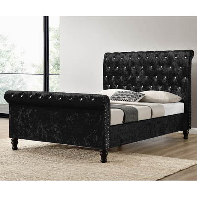Cama esmagada quadro estofada preta de prata Diamond Buttons King Size da tela de veludo da cama