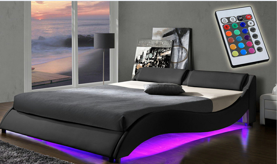 Couro estofado do plutônio da plataforma do quadro da cama da luz de 2 diodos emissores de luz tamanho dobro