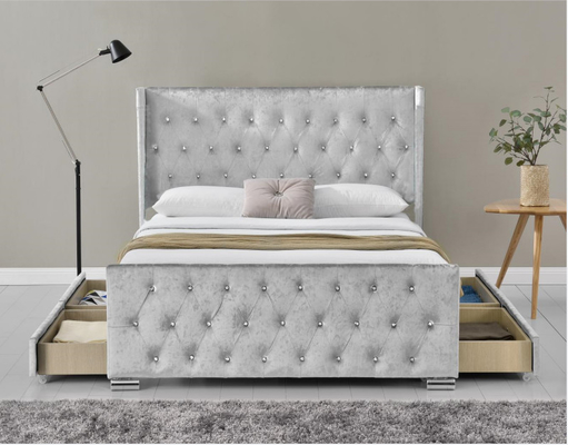 Rei Size Wood Sliver Grey Crushed Velvet With Headboard da cama de Wing Back Ottoman Tufted Storage