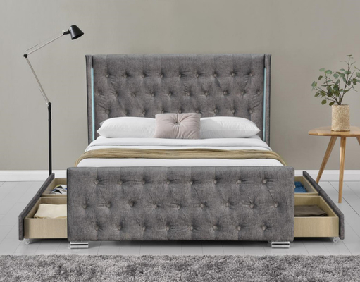 Rei Size Wood Sliver Grey Crushed Velvet With Headboard da cama de Wing Back Ottoman Tufted Storage