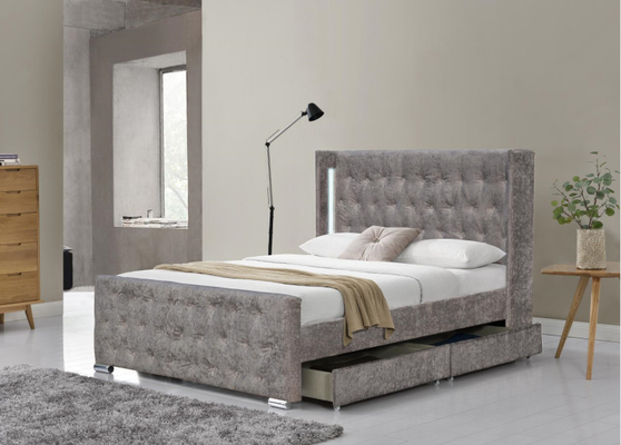 Rei Size Wood Sliver Grey Crushed Velvet With Headboard da cama de Wing Back Ottoman Tufted Storage