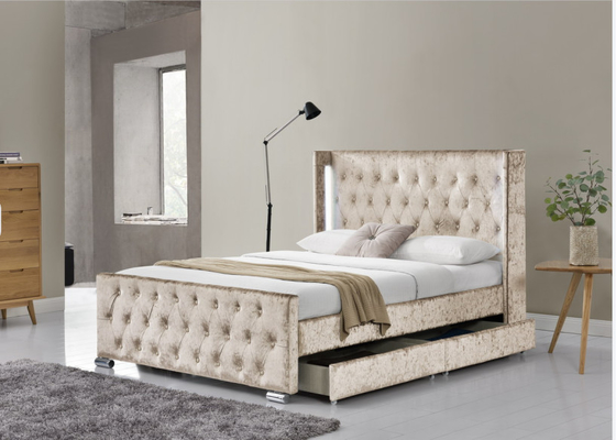Rei Size Wood Sliver Grey Crushed Velvet With Headboard da cama de Wing Back Ottoman Tufted Storage