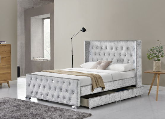 Rei Size Wood Sliver Grey Crushed Velvet With Headboard da cama de Wing Back Ottoman Tufted Storage